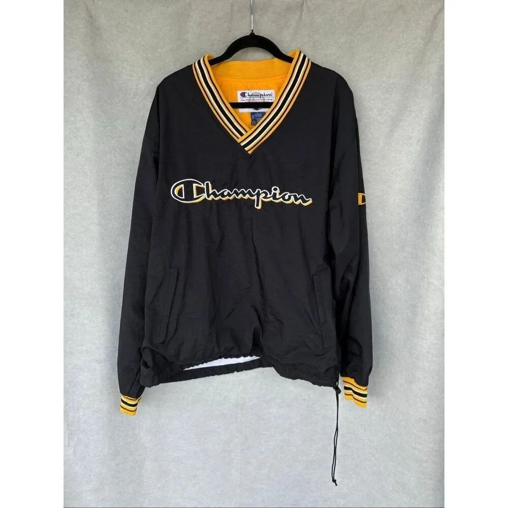 Champion Black Yellow V-Neck Windbreaker Pullover Jacket Size L Vintage Y2K Athl